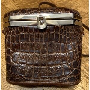 Vintage Made in Italy Exotic Leather Frame‎ Purse Brown Kiss Lock Handbag